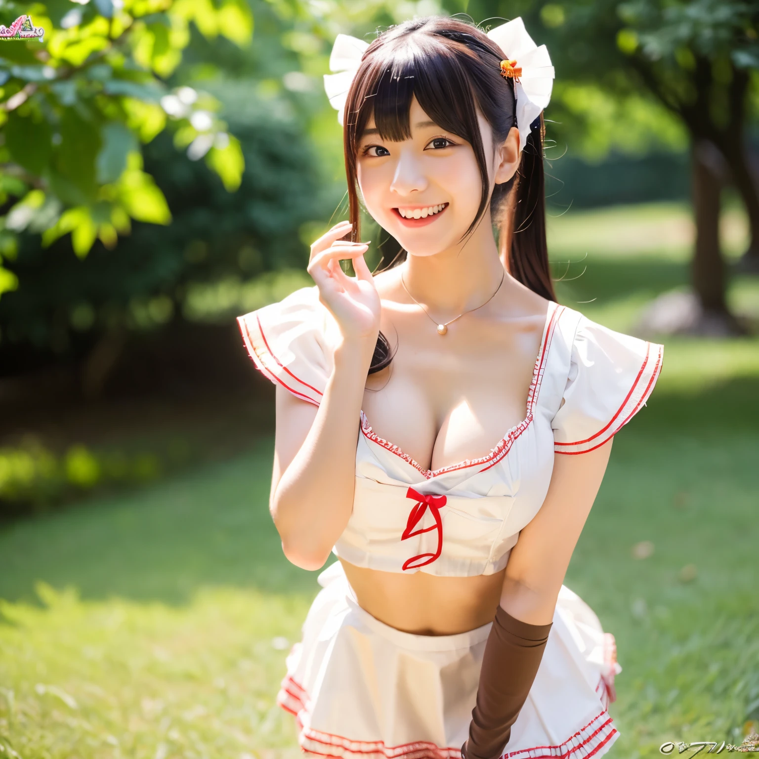 A 20-year-old maid with a cute face like an idol Smiling Kindly Japanese maid cafe outfit Maid clothes mini skirt Cosplay Cleavage Medium bust 公園の草むらにしゃがみIs peeing Is peeing RAW Photos Natural light Genuine Genuine Real Stick High resolution RAW Photos
