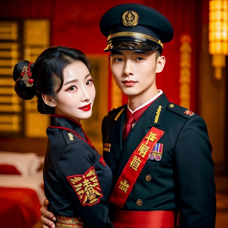 A Chinese man in a dark Chinese military uniform stands holding the waist of a woman in a cheongsam with red lips and 90s-style Chinese makeup