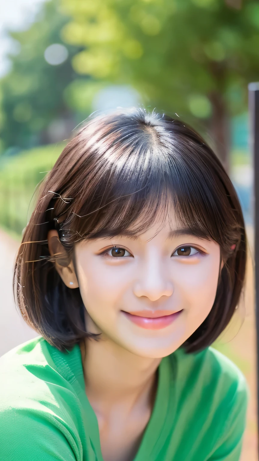 Female student　masterpiece　Very cute　Natural atmosphere　boyish　16 years old　Pixie Cut　Dimples　mole　A clear smile