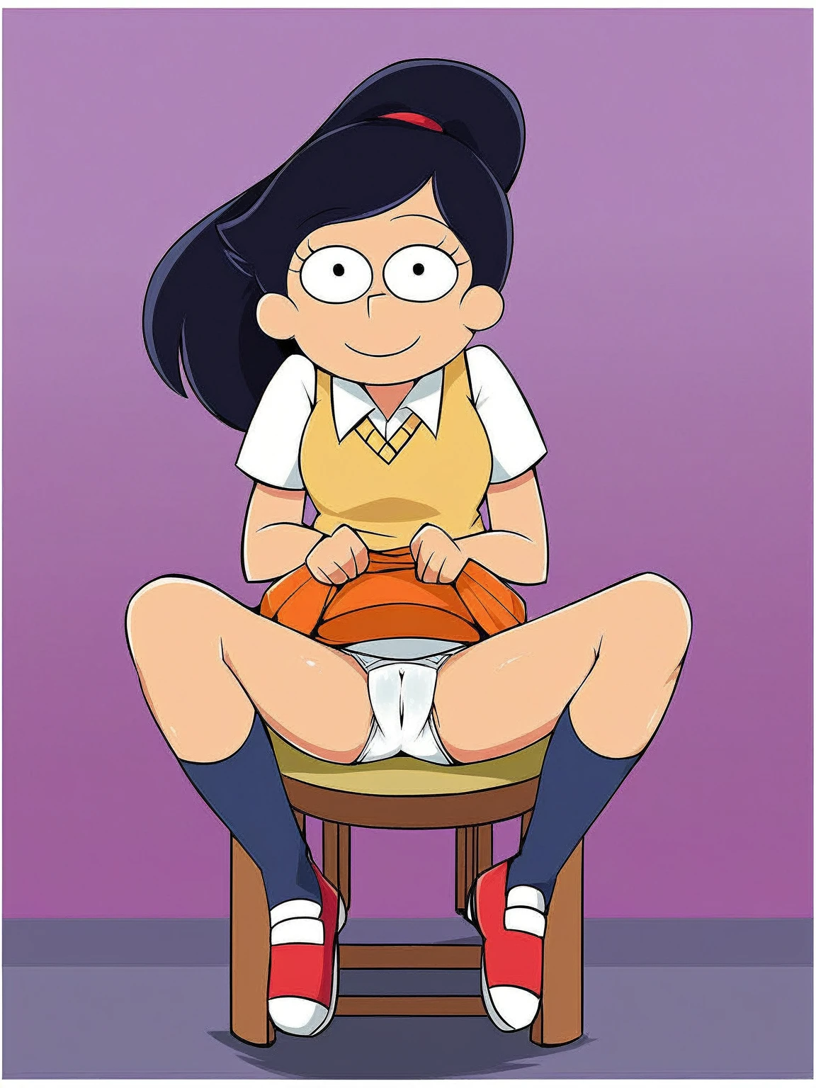 akiko, 1girl, black hair, solo, ponytail, sweater vest, , orange skirt, socks, shirt, short sleeves, shoes, smile,looking at viewer, american dad,dot pupils, panties, sitting on chair, spread legs, skirt lift, upskirt view , cameltoe, smiling,