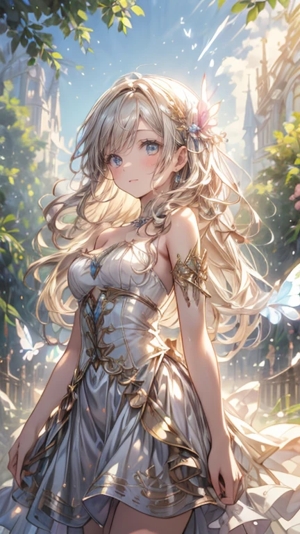 masterpiece, highest quality, 8k, High resolution, Beautiful and exquisite details, Soft sunlight, Summer Spirit Girl, In the Garden, Yellow Dress,Jeweled dresses,race,Ruffles and ribbons, Long eyelashes,Beautiful and cute,White skin,slim,Long Curly Hair,Bare shoulders, Big Breasts,Strapless,tears, Rainbow butterfly wings:1.2, fly in the sky:1.2, View from below, Delicate eyes, Sparkling eyes, Bright rosy lips, A kind smile, Look up at the sky,Kiss,Fantasy, Romantic atmosphere,