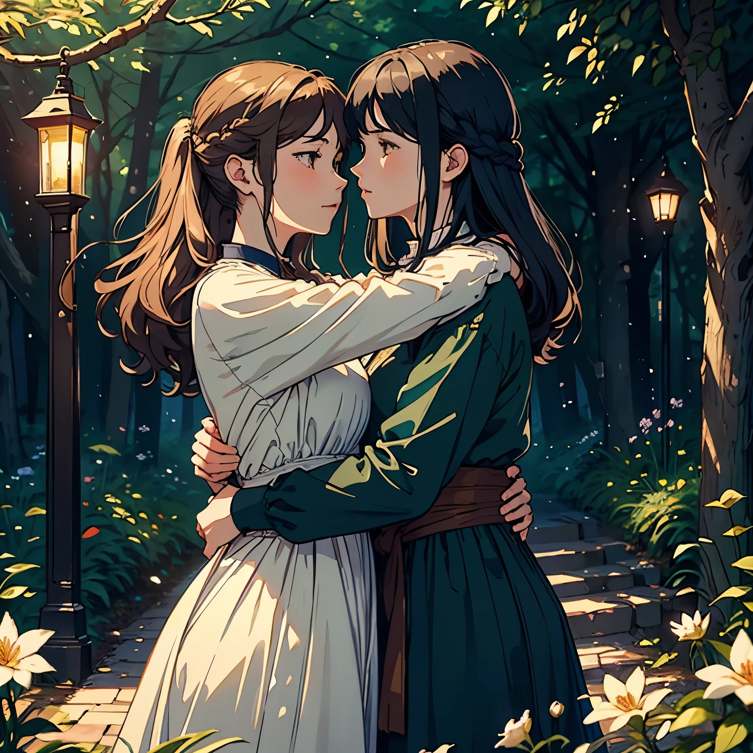 (highest quality, masterpiece, High resolution)、4K Anime Art、Soft Light、(Two women hugging and kissing in the forest、20-year-old)、(Detailed depiction of a beautiful face)、Put your hair up、Medieval European Dress、 evening、A woman is holding a lantern、Fireflies are flying、Lily flowers are blooming、In the woods of England、(Pre-Raphaelite style)、(Edmund Leighton Style)、(Sergeant Style)、