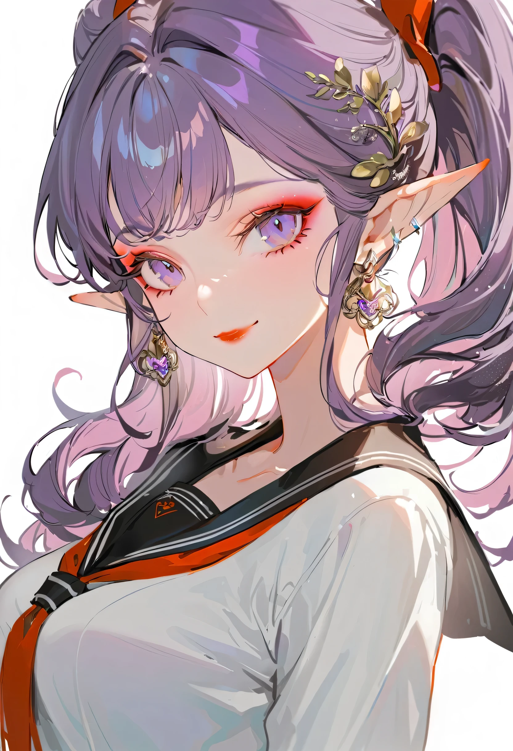 (best quality,ultra-detailed,highres:1.2),beautiful girl with flawless face,The cutest girl in the world,Exquisite makeup,purple eyes,makeup,eyelashes,lipstick,(tsurime:1.2),glint,seductive smile,serafuku,large breasts,purple hair,(elf:1.2),pointy ears,red eyeshadow