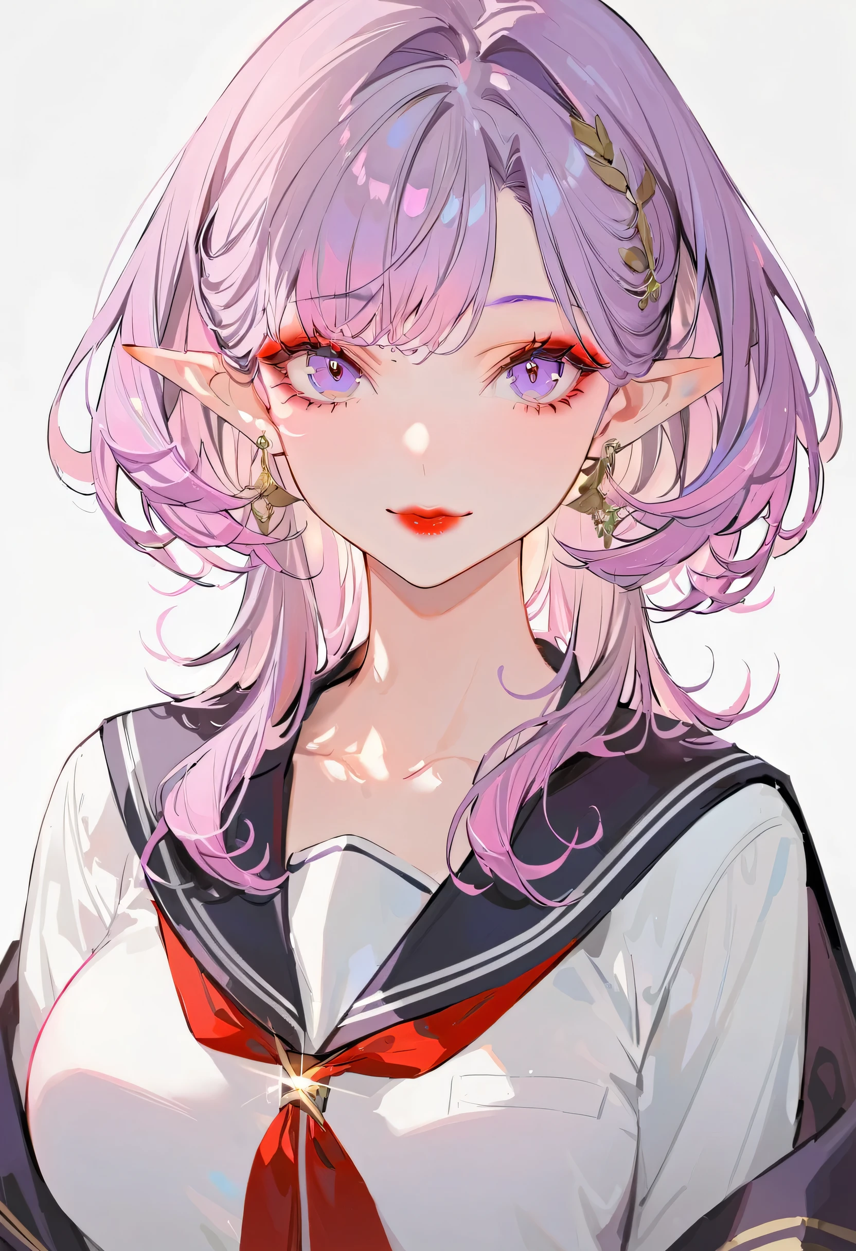 (best quality,ultra-detailed,highres:1.2),beautiful girl with flawless face,The cutest girl in the world,Exquisite makeup,purple eyes,makeup,eyelashes,lipstick,(tsurime:1.2),glint,seductive smile,serafuku,large breasts,purple hair,(elf:1.2),pointy ears,red eyeshadow