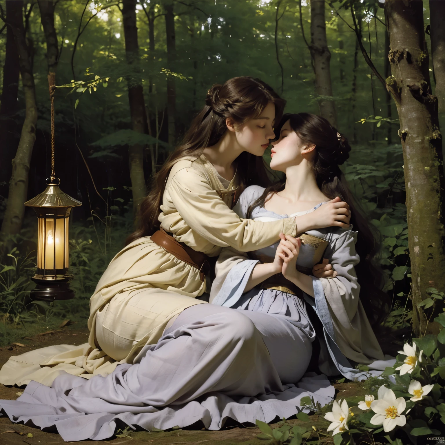 (highest quality, masterpiece, High resolution)、4K Anime Art、Soft Light、(Two women hugging and kissing in the forest、20-year-old)、(Detailed depiction of a beautiful face)、Put your hair up、Medieval European Dress、 evening、A woman is holding a lantern、Fireflies are flying、Lily flowers are blooming、In the woods of England、(Pre-Raphaelite style)、(Edmund Leighton Style)、(Sergeant Style)、