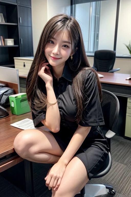 (Natural background), masterpiece, highest quality, shape, Very detailed, finely, High resolution, 8k wallpaper, 完璧なダイナミックな構shape, finelyて美しい目, Big Breasts, Natural color lip, Random pose, smile, ((office)), 20-year-old girl, Full Body Shot, Long Hair, ((working office uniform)), (dark), Thinking Ahead, Sitting in a chair