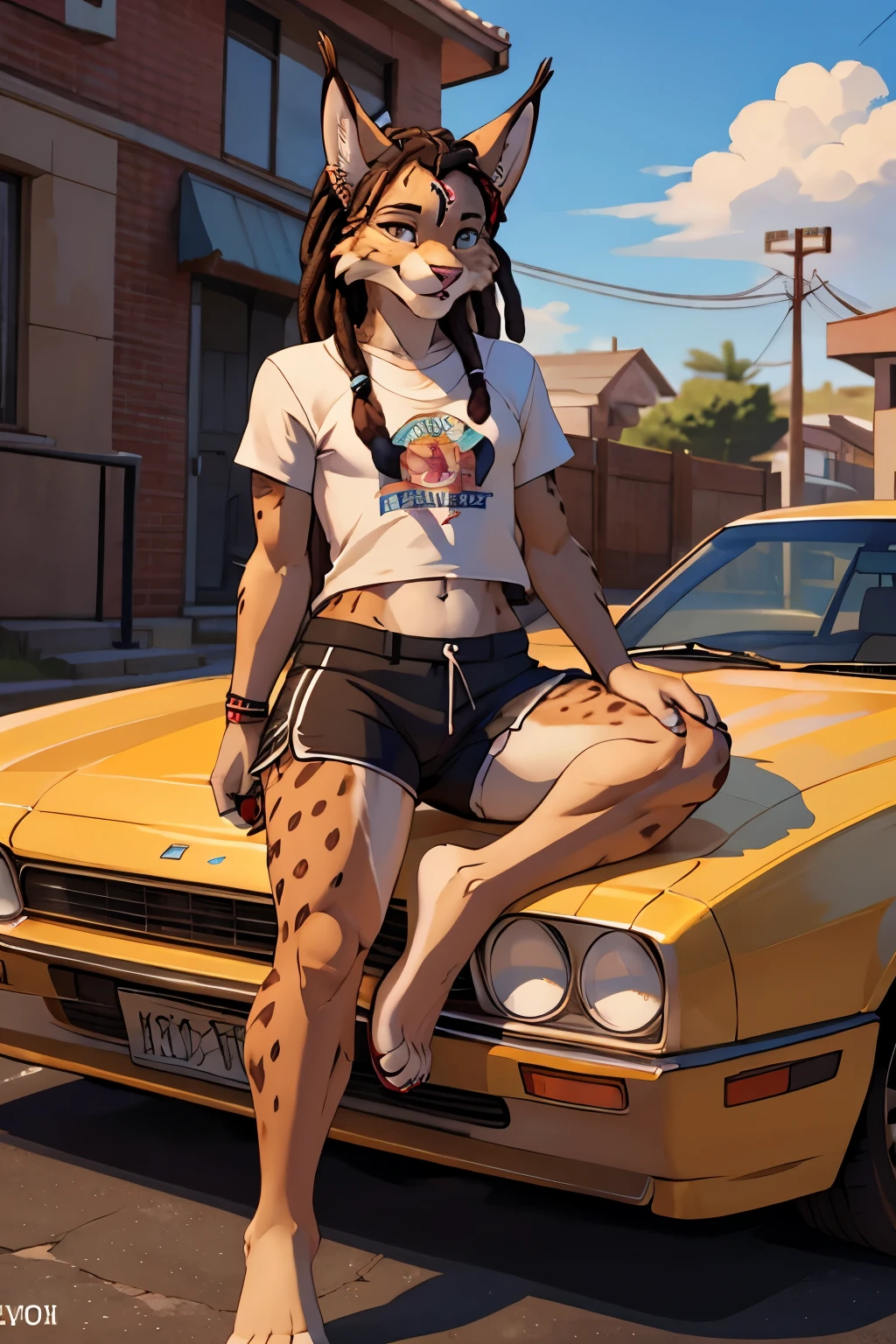 Athletic toned lynx, feminine male, shorts, sleevless tshirt, African, ghetto, GTA style, hip hop, 1990s, barefoot, on car, long wild dreadlocks