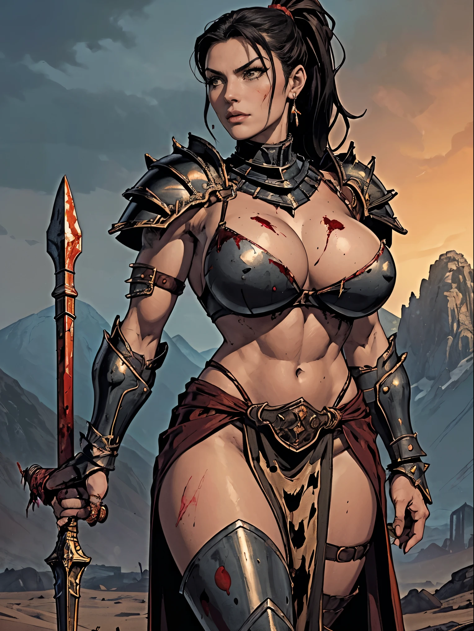 (masterpiece, top quality, best quality, official art, beautiful and aesthetic:1.2), (1girl:1.3), ((Sharp facial features, sharp features, hawkish features)), ((pale skin, orange eyes, big hair, long black hair, ponytail)), big tiddy chaos warrior girl, extremely detailed, portrait, looking at viewer, solo, (full body:0.6), detailed background, full-body shot, (hot desert mountain theme:1.1), chaos warrior, (spiky helmet), charlatan, smirk, mysterious, swaying in mountains, armor, red metal, brass trim, long boots, blood red fabric, pelvic curtain, loincloth, black leather, ((((spear, heavy armor, blood, blood splatter, armored, gigantic breasts, long legs, pelvic curtain, toned, muscular)))), cute belly button, toned tummy, slim waist, slim hips, long legs, medieval (mountain exterior:1.1) background, dark mysterious lighting, shadows, magical atmosphere, dutch angle