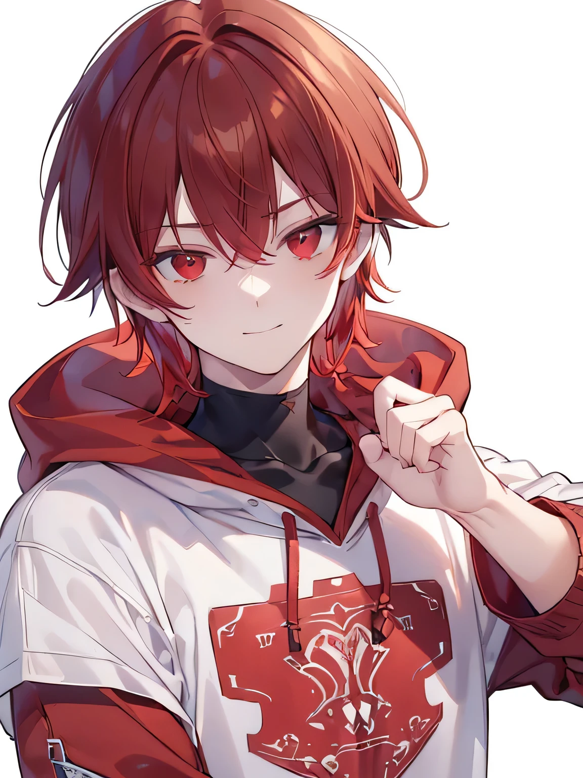 best quality , detailed , ((( 1 male ))) , ( male focus:1.2 ) , ( brown hair ) , (( red inner hair )) , (( two block hair )) , (very short length mullet hairstyle ) , bangs , ( male face:1.3 ) ,  oversized pink hoodie , sharp nose , cold eye , (( boy eye )) , wine red eye , eyebrows , naughty smile , slim body , ( facing the front ) , (( upper body )) , ( white background:1.2 )