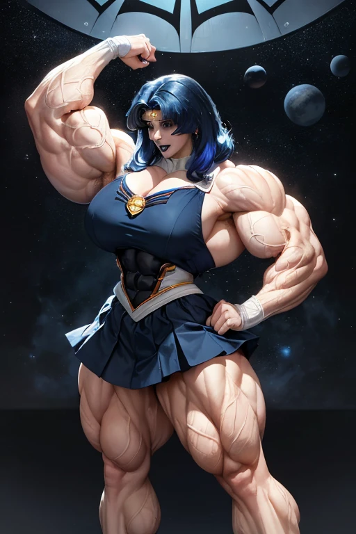 ((((Massive, tall, beautiful, buff, pale white skinned muscular woman with royal blue hair, black lipstick, ginormous bulky muscles and wearing a royal blue mechanized sailor moon costume and skirt)))), (close view), massive muscles, massive biceps, hyper muscle triceps, long curly wavy hair, white eyes, black lipstick, royal blue tiara, white boots, tornado, in space, Pluto, night time, smirk, hyper muscles arms, hyper muscle legs, ((massive arms)).