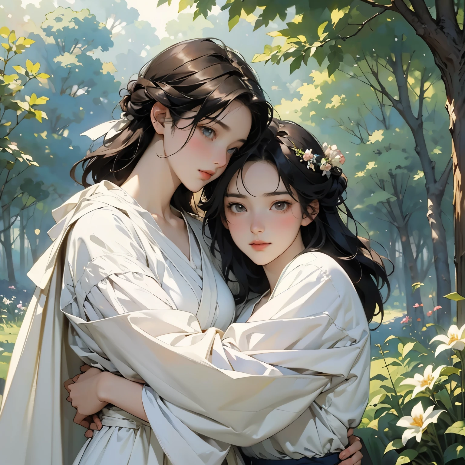 (highest quality, masterpiece, High resolution)、4K Anime Art、Soft Light、(Two women hugging and kissing in the forest、20-year-old)、(Detailed depiction of a beautiful face)、Put your hair up、Medieval European Dress、 evening、A woman is holding a lantern、Fireflies are flying、Lily flowers are blooming、In the woods of England、(Pre-Raphaelite style)、(Edmund Leighton Style)、(Sergeant Style)、