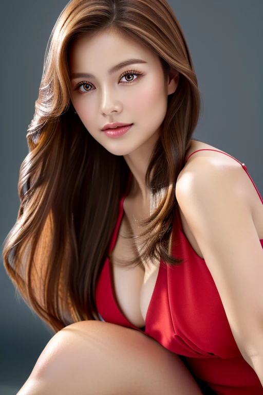 ((highest quality)), ((masterpiece)), (detailed), whole body、wallpaper、Attention to detail、Perfect Face、Perfect body、Light brown hair、Beautiful Skin、Beautiful white skin、Half Russian and half Korean、アジアBeauty、Japanese 、(masterpiece:1.3), (8k, Photorealistic, Raw photo, Best image quality: 1.4), (Rough long hairstyle:1.2)、Cleavage:1.4、Beauty、Beauty、Wearing a red dress