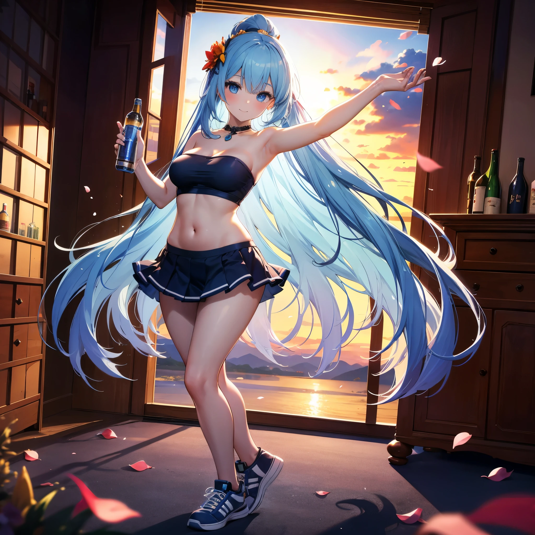 realistic image, detailed image, coherent image, 1 beautiful girl, she has very long hair, light blue hair, blue eyes, smiling expression. She is wearing a strapless top, showing her navel, a thin thong, a pleated miniskirt, sneakers, She has a curvy body, medium breasts and thick thighs, She is standing, legs crossed, arching her back, surrounded by bottles of alcohol , background of a mountainous landscape, flower petals falling around, sunset, twilight, Soft focus, full body view, Dramatic shadows, Volumetric lighting, natural lighting,