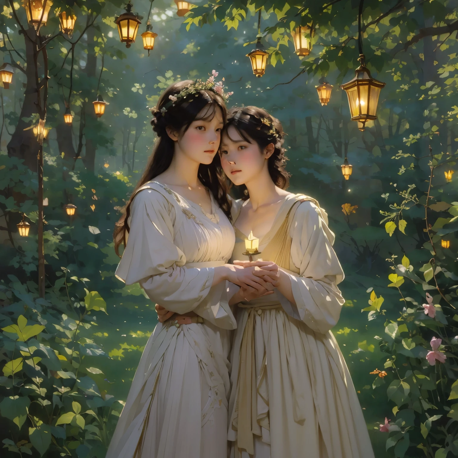 (highest quality, masterpiece, High resolution)、4K Anime Art、Soft Light、(Two women hugging and kissing in the forest、20-year-old)、(Detailed depiction of a beautiful face)、Put your hair up、Medieval European Dress、 evening、A woman is holding a lantern、Fireflies are flying、Lily flowers are blooming、In the woods of England、(Pre-Raphaelite style)、(Edmund Leighton Style)、(Sergeant Style)、