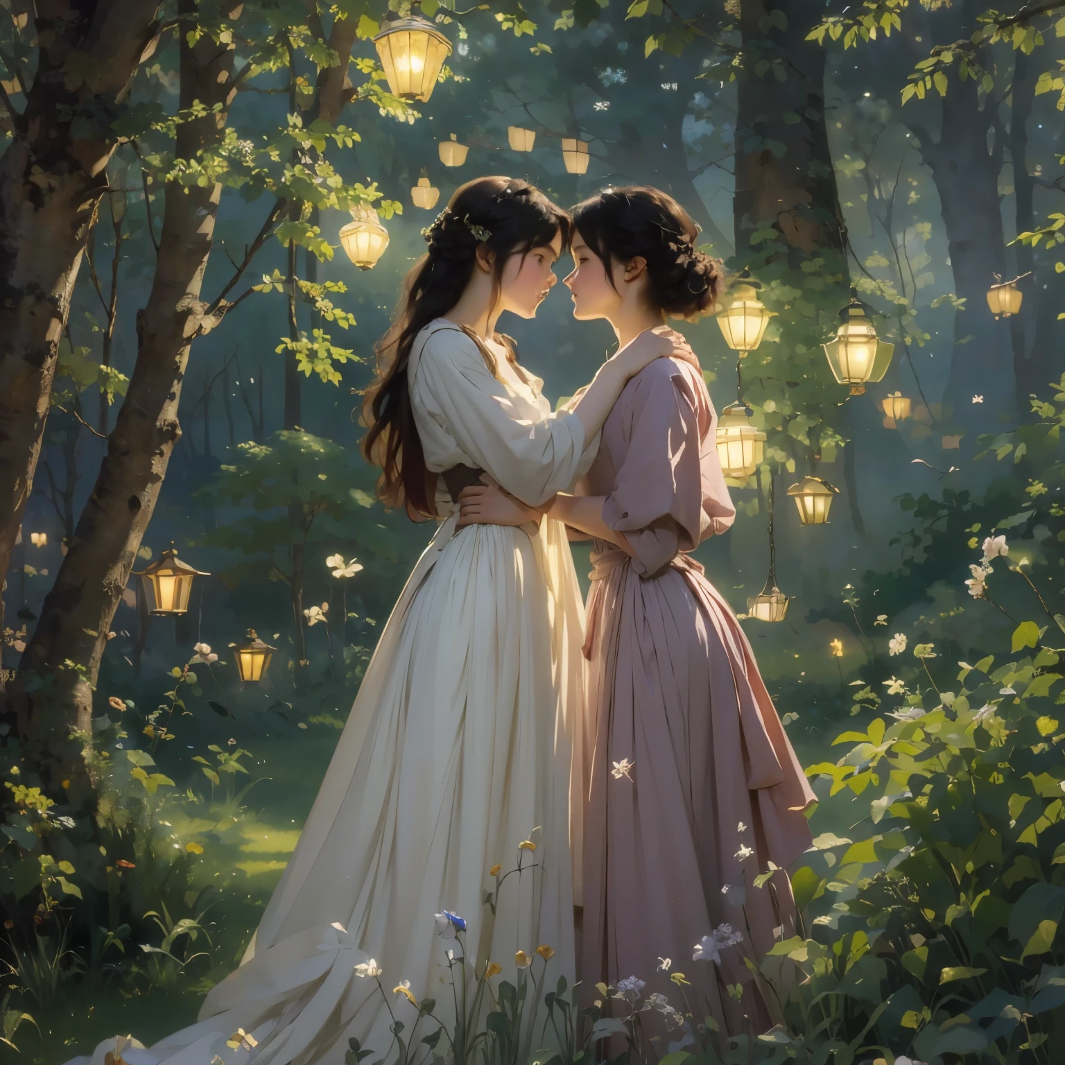 (highest quality, masterpiece, High resolution)、4K Anime Art、Soft Light、(Two women hugging and kissing in the forest、20-year-old)、(Detailed depiction of a beautiful face)、Put your hair up、Medieval European Dress、 evening、A woman is holding a lantern、Fireflies are flying、Lily flowers are blooming、In the woods of England、(Pre-Raphaelite style)、(Edmund Leighton Style)、(Sergeant Style)、