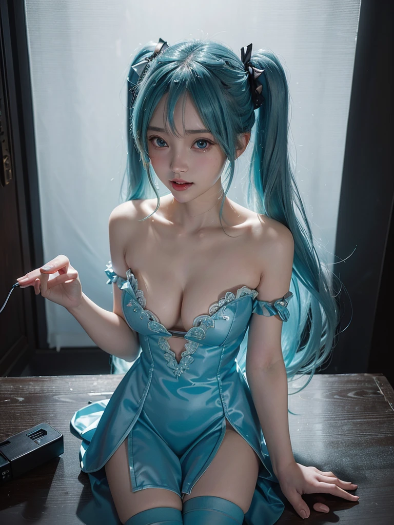 (8k, highest quality, masterpiece:1.2), Super detailed, (front focus), (in the dark:1.6), Hyperrealist portrait of female by david hockney and alphonse mucha, fantasy art, photo realistic, dynamic lighting, artstation, poster, volumetric lighting, very detailed faces, award winning,there is a doll sitting on a table next to a computer, mikudayo, pvc figurine, hatsune miku, pop up parade figure, miku, anime figurine, anime figure, she has pale blue skin!!!, white cyan, portrait of hatsune miku, rem rezero, anime peripheral, a happy meal toy of hatsune miku,anatomically correct,(cowboy shot:1.5),(in the dark, deep shadow, low key),Huge, full breasts,bared breasts,I can see her cleavage, (Cute smile, Upward glance),Bedroom,((in a seductive pose,sexually aroused face,With a face s in heat:1.5,Moist eyes:1.5,slightly open mouth):1.2))/