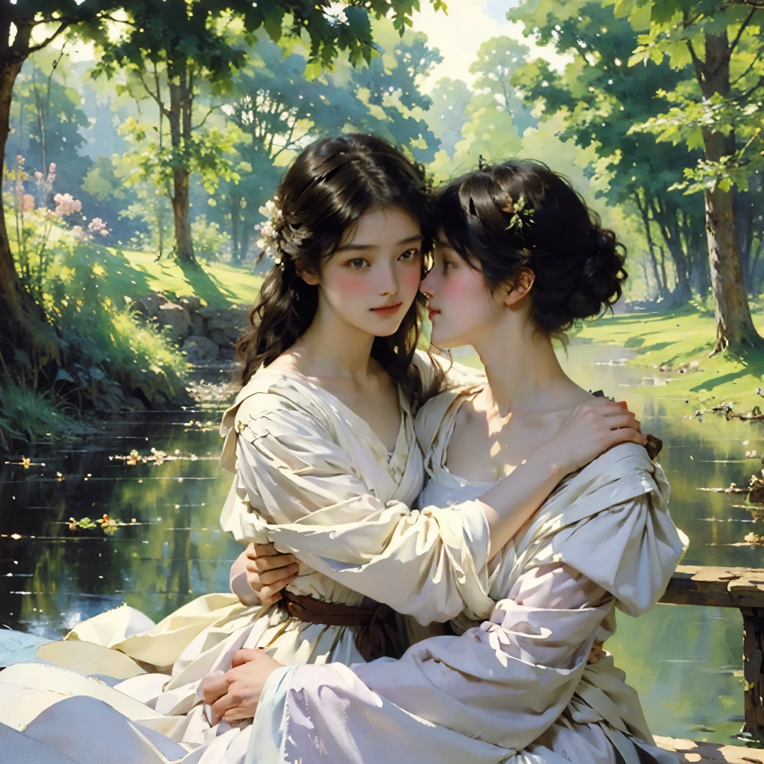 (highest quality, masterpiece, High resolution)、4K Anime Art、Soft Light、(Two women hugging and kissing in the forest、20-year-old)、(Detailed depiction of a beautiful face)、Put your hair up、Medieval European Dress、 evening、A woman is holding a lantern、Fireflies are flying、Lily flowers are blooming、In the woods of England、(Pre-Raphaelite style)、(Edmund Leighton Style)、(Sergeant Style)、