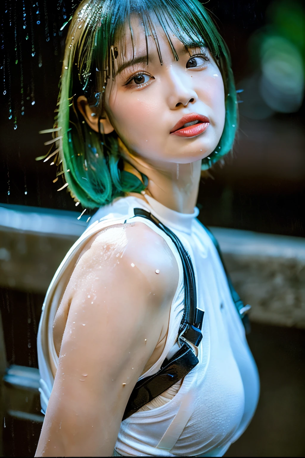 (Leica 10772 M-P, 85mm macro lens, F/8 aperture, film still, 8K, highest quality, masterpiece, ultra high resolution), perfect dynamic composition:1.2, bed room, Indirect Lighting, expression of sadness:0.3, raining, Highly detailed skin and facial textures:1.2, Japanese girl, 25 years old, Fair skin, white skin, sexy beauty:1.1, perfect style:1.2, very beautiful face, water droplets on the skin, (green hair:1.2, Super Short Hair:1.2), (rain drips all over my body:1.2, wet body:1.2, wet hair:1.3), (Wearing wet white Body Harness:1.3), (stick out tongue, lovelorn, The expression on your face when you feel intense caress, Facial expression when feeling pleasure), (beautiful black eyes, Eyes that feel beautiful eros:1.3), (erotic:1.2), (hip:1.2), (Arched Back:1.4), stocking