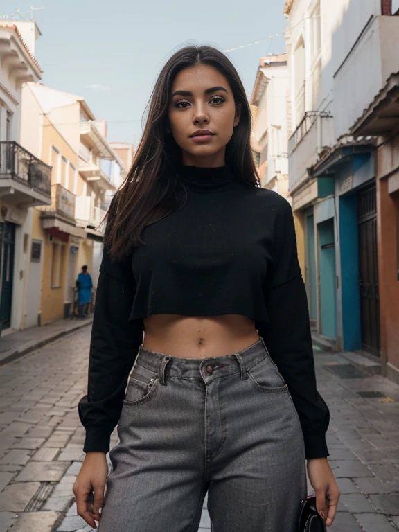 Photograph of 1 stunning 23-year-old girl., (Cabello rubio platino peinado en ondas.), tiene una hermosa sonrisa mostrando los dientes, en un vibrante barrio en la ciudad de Munich, a beautiful model and Instagram influencer becomes the center of attention. Con su piel morena, ojos negros y una figura envidiable, ((viste un sensual outfit de pantalones de cuero negro pegados al cuerpo y una blusa blanca escotada sin letras)), she radiates a magnetic energy, Hay gente al fondo de la foto, se toma autofotos en una vibrante zona de la ciudad donde hay muchos bares, night photography, luces de neon, ambiente juvenil y de vida nocturna, ((autofoto)), (detallado Face:1.2)), ((rasgos faciales detallados)), (piel finamente detallada), (color frio), wet, Reflectores, (Obra maestra), (proporciones perfectas), (manos y dedos perfectos), (manos femeninas), (Fotos realistas), (mejor calidad), (detallado), fotografiado con una Canon EOS R5, lente de 50 mm, F/2.8, nffsw, (8K), (fondo de pantalla), (cinematic lighting), (dramatic lighting), obra maestra, (Complejo), moda, desde arriba,
