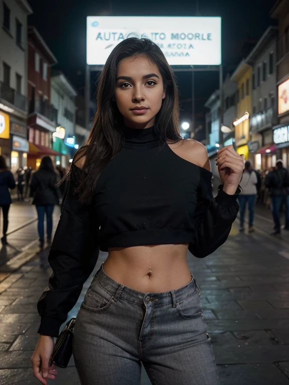 Photograph of 1 stunning 23-year-old girl., (Cabello rubio platino peinado en ondas.), tiene una hermosa sonrisa mostrando los dientes, en un vibrante barrio en la ciudad de Munich, a beautiful model and Instagram influencer becomes the center of attention. Con su piel morena, ojos negros y una figura envidiable, ((viste un sensual outfit de pantalones de cuero negro pegados al cuerpo y una blusa blanca escotada sin letras)), she radiates a magnetic energy, Hay gente al fondo de la foto, se toma autofotos en una vibrante zona de la ciudad donde hay muchos bares, night photography, luces de neon, ambiente juvenil y de vida nocturna, ((autofoto)), (detallado Face:1.2)), ((rasgos faciales detallados)), (piel finamente detallada), (color frio), wet, Reflectores, (Obra maestra), (proporciones perfectas), (manos y dedos perfectos), (manos femeninas), (Fotos realistas), (mejor calidad), (detallado), fotografiado con una Canon EOS R5, lente de 50 mm, F/2.8, nffsw, (8K), (fondo de pantalla), (cinematic lighting), (dramatic lighting), obra maestra, (Complejo), moda, desde arriba, 