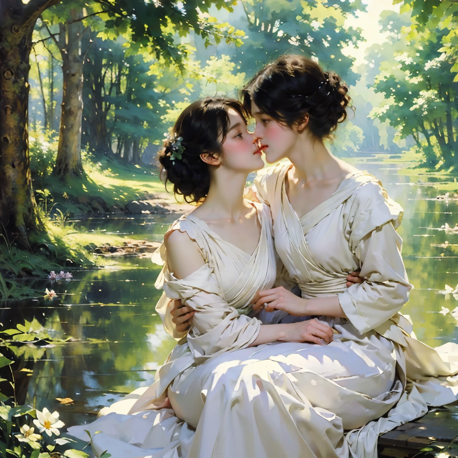 (highest quality, masterpiece, High resolution)、4K Anime Art、Soft Light、(Two women hugging and kissing in the forest、20-year-old)、(Detailed depiction of a beautiful face)、Put your hair up、Medieval European Dress、 evening、A woman is holding a lantern、Fireflies are flying、Lily flowers are blooming、In the woods of England、(Pre-Raphaelite style)、(Edmund Leighton Style)、(Sergeant Style)、