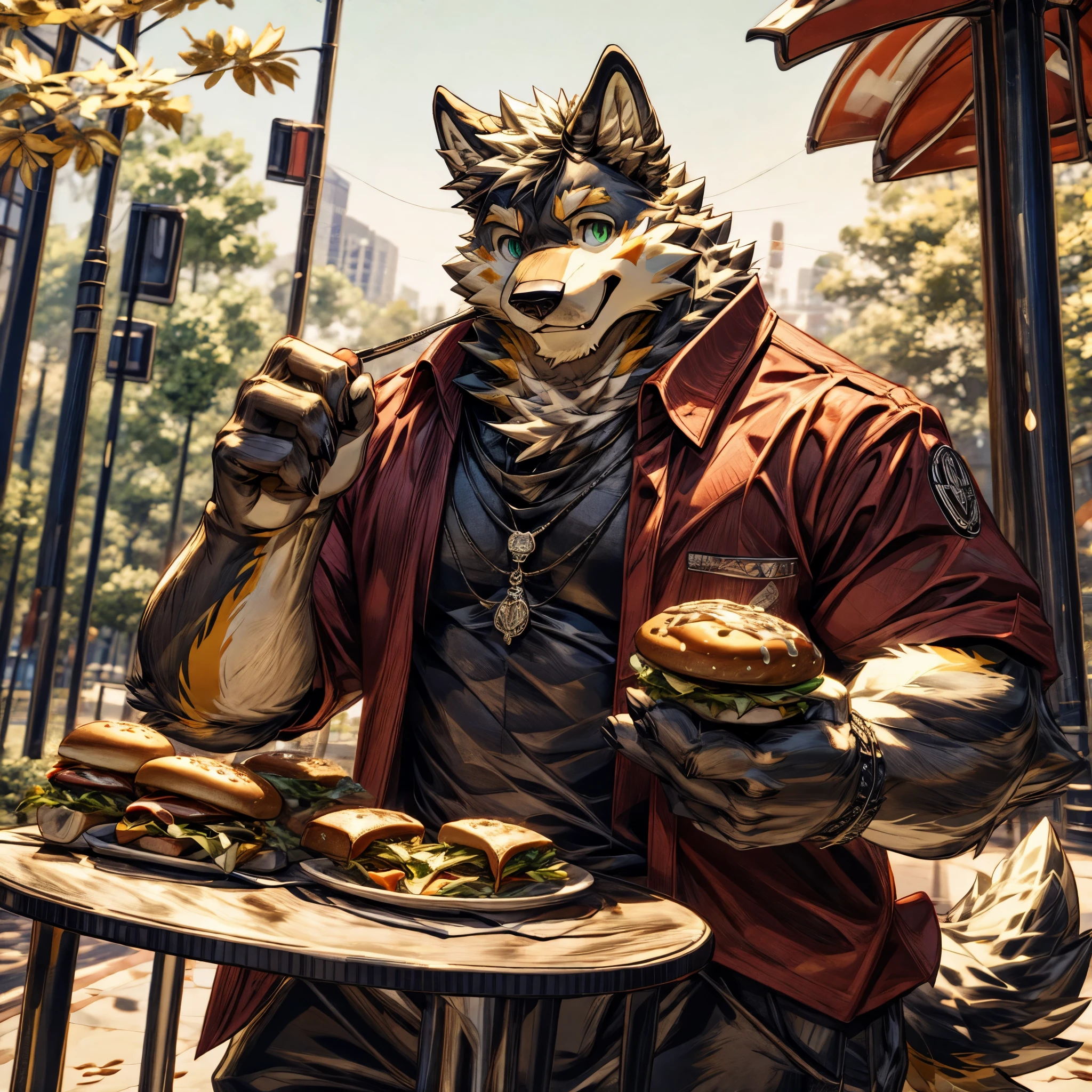 masterpiece,High quality,furry,one man,(bear&wolf),yellow fur,green eye,Eat a hamburger,happy face,park,table,perfect background