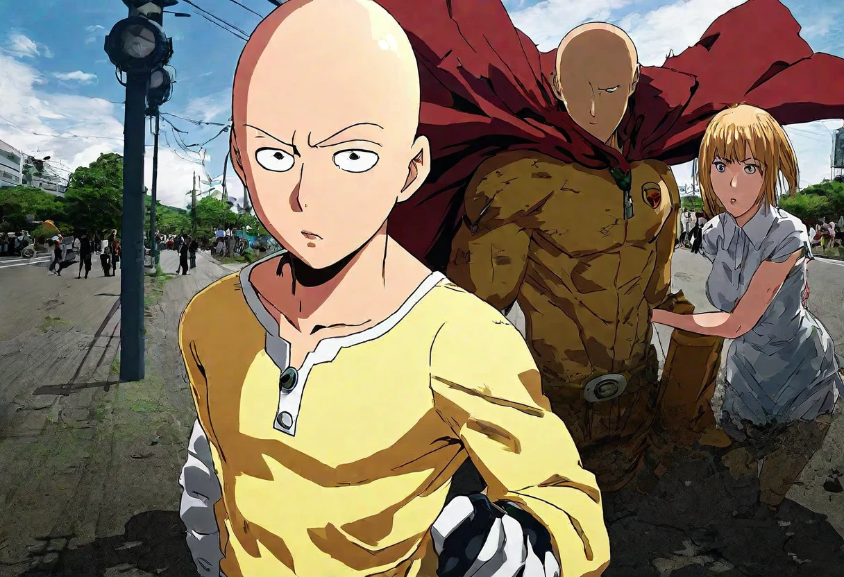 Saitama, one punch man, looks confused. A cute woman has declared she is his girlfriend and is posing for couples photos and asking the crowd to take picture, set in a wrecked part of town post fight