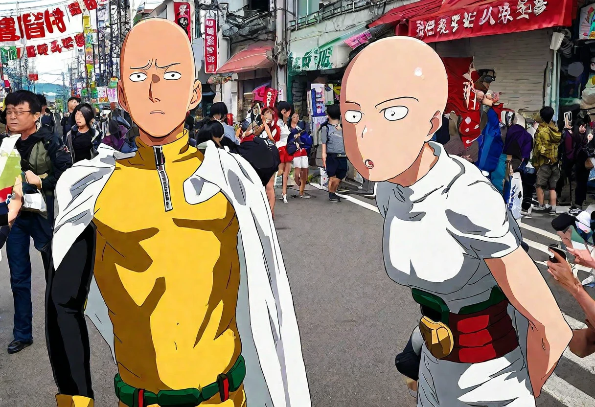 Three gorgeous women (varied height, varied weight, varied race, wearing a towel or less, crazy hairdo, crazy jewelry, tend towards fit and hourglass figure) they are celebrating being alive (kissing and flirting) wit Saitama (one punch man) who has a confused look on his face and is covered in gore as it rains down from the sky from his last kaiju battle. streets of Tokyo