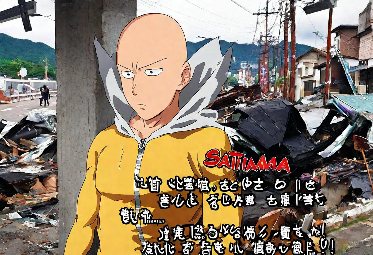 Saitama, one punch man, looks confused. A cute woman has declared she is his girlfriend and is posing for couples photos and asking the crowd to take picture, set in a wrecked part of town post fight