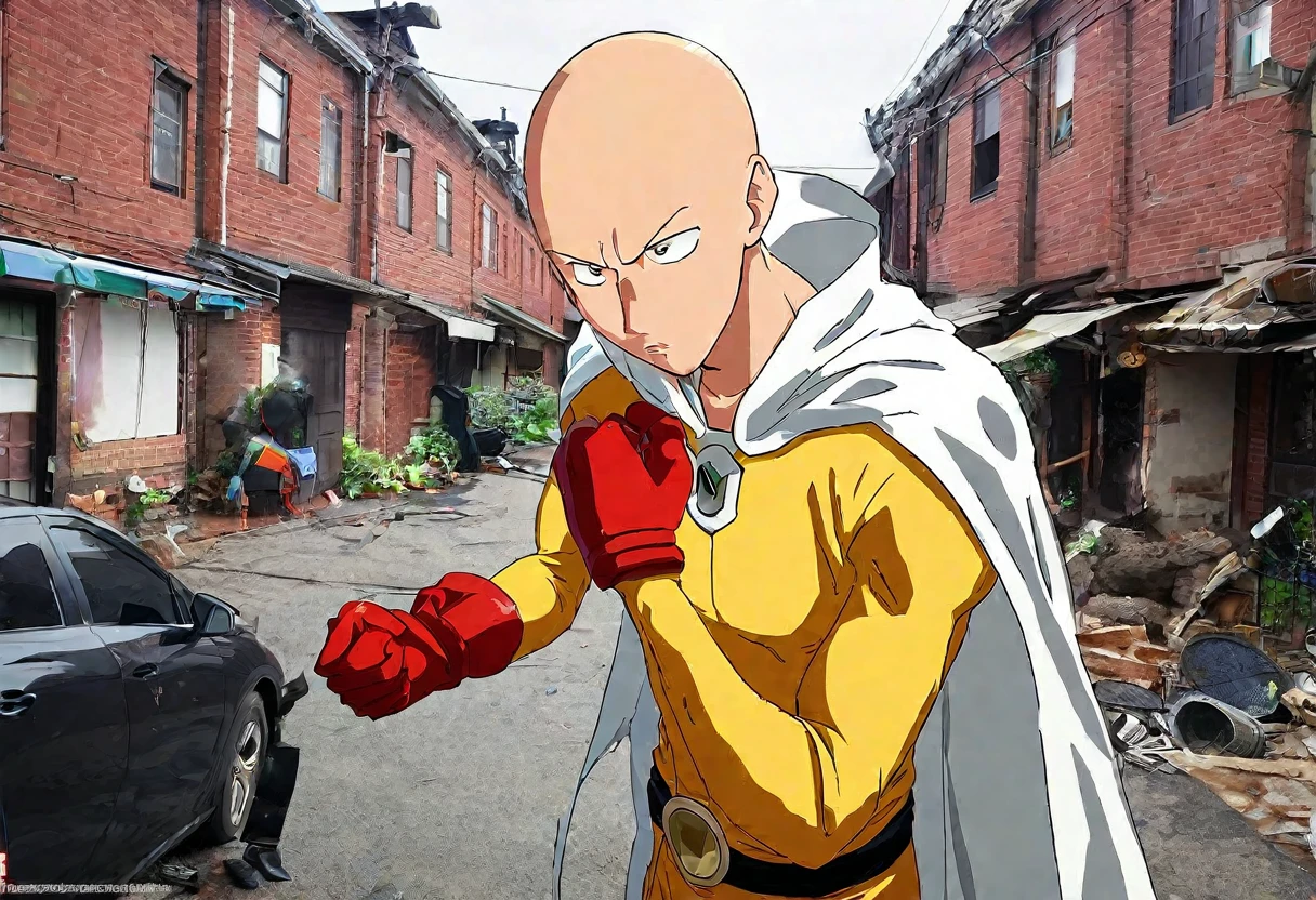 Saitama, one punch man, looks confused. A cute woman has declared she is his girlfriend and is posing for couples photos and asking the crowd to take picture, set in a wrecked part of town post fight (comedy)