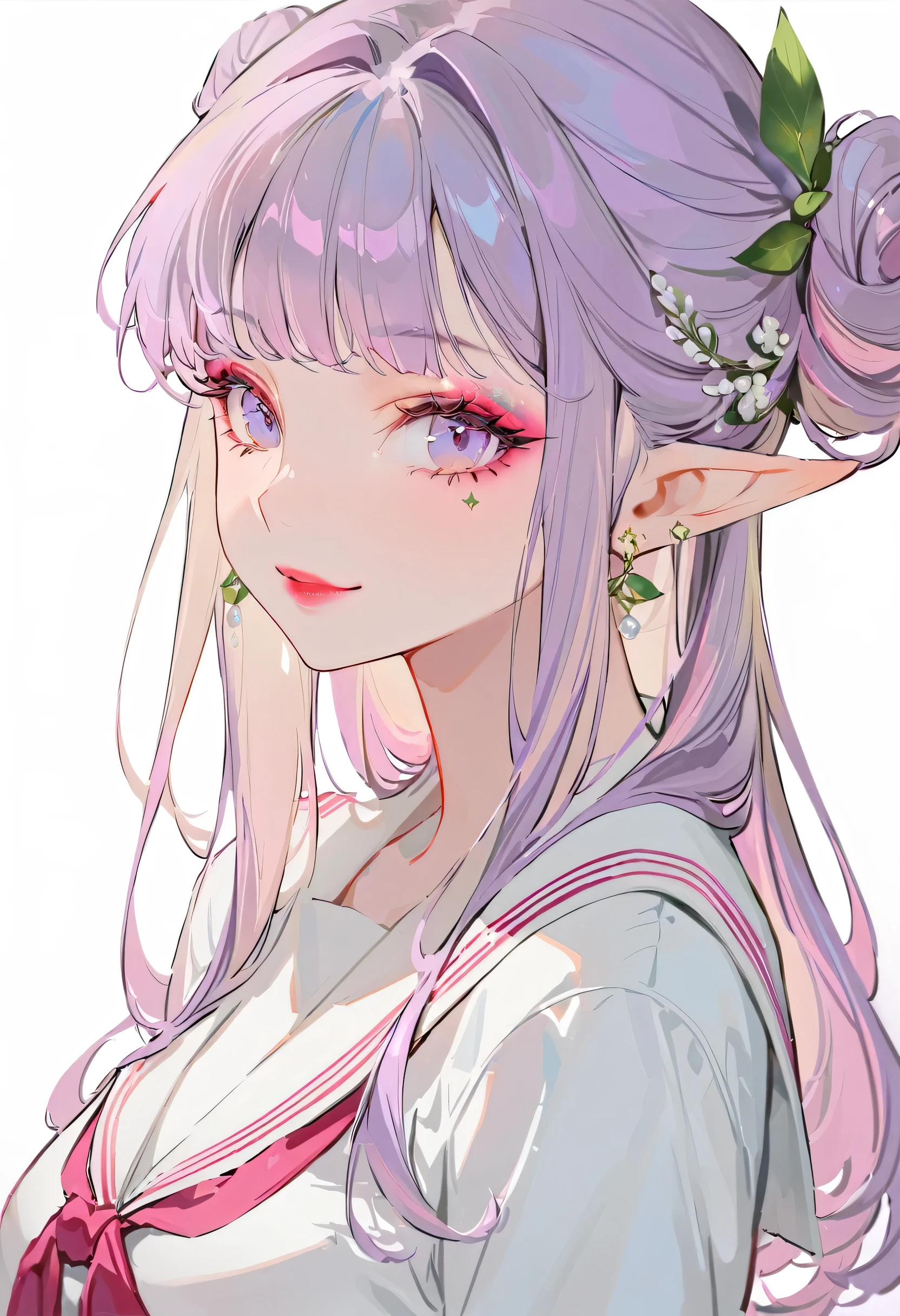 (best quality,ultra-detailed,highres:1.2),beautiful girl with flawless face,The cutest girl in the world,Exquisite makeup,purple eyes,makeup,eyelashes,lipstick,(tsurime:1.2),glint,seductive smile,serafuku,large breasts,purple hair,(elf:1.2),pointy ears,red eyeshadow