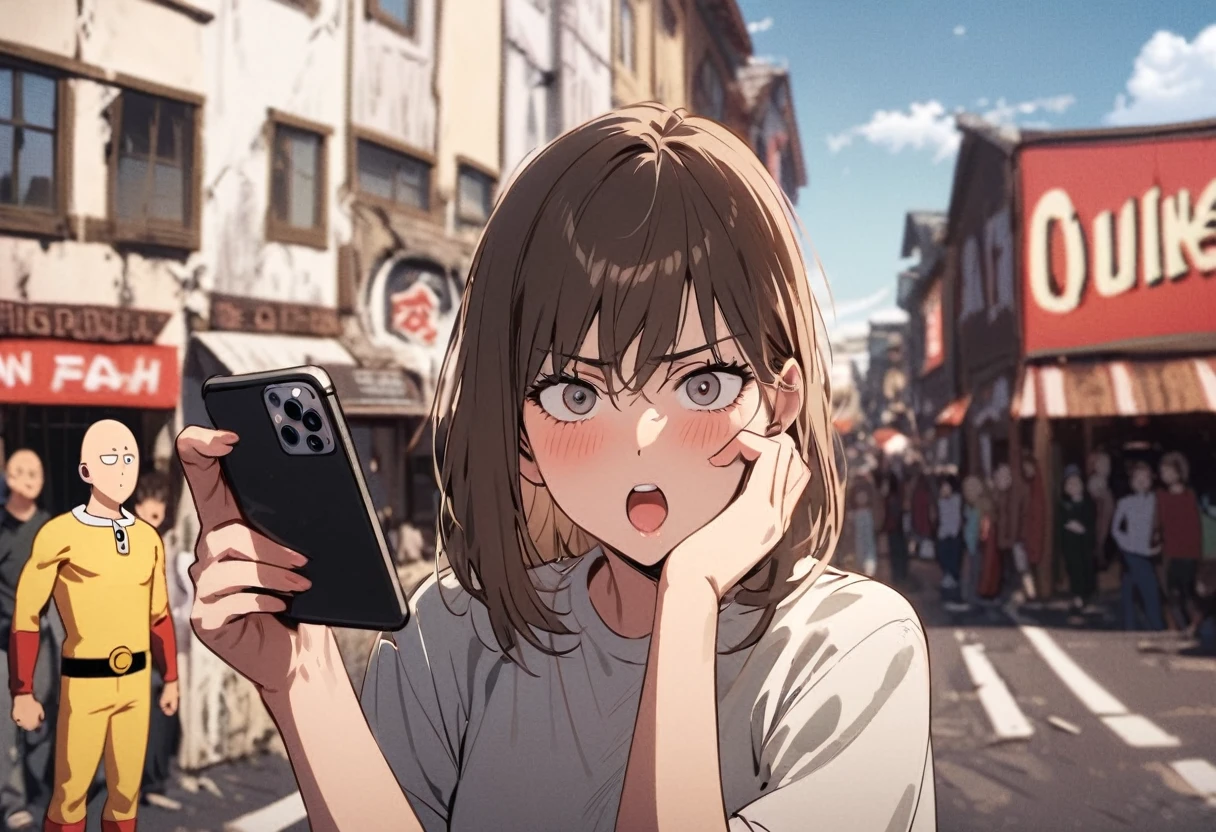 Saitama, one punch man, looks confused. A cute woman has declared she is his girlfriend and is posing for couples photos and asking the crowd to take picture, set in a wrecked part of town post fight (comedy)
