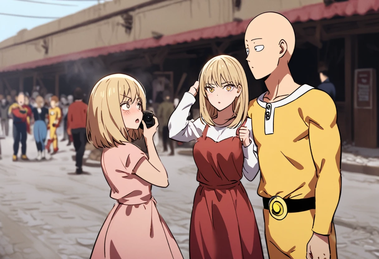 Saitama, one punch man, looks confused. A cute woman has declared she is his girlfriend and is posing for couples photos and asking the crowd to take picture, set in a wrecked part of town post fight (comedy)