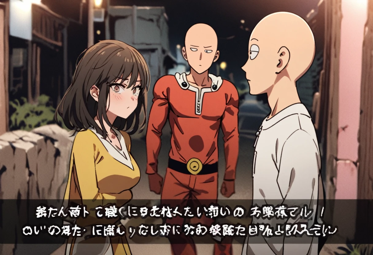 Saitama, one punch man, looks confused. A cute woman has declared she is his girlfriend and is posing for couples photos and asking the crowd to take picture, set in a wrecked part of town post fight (comedy)