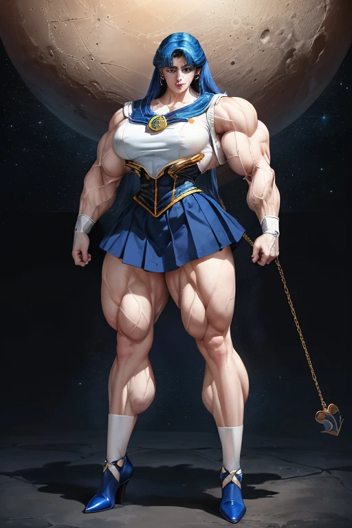 ((((Massive, tall, beautiful, buff, pale white skinned muscular woman with royal blue hair, black lipstick, ginormous bulky muscles and wearing a royal blue mechanized sailor moon costume and skirt)))), (close view), massive muscles, massive biceps, hyper muscle triceps, long curly wavy hair, white eyes, black lipstick, royal blue tiara, white boots, tornado, in space, Pluto, night time, smirk, hyper muscles arms, hyper muscle legs, massive arms.