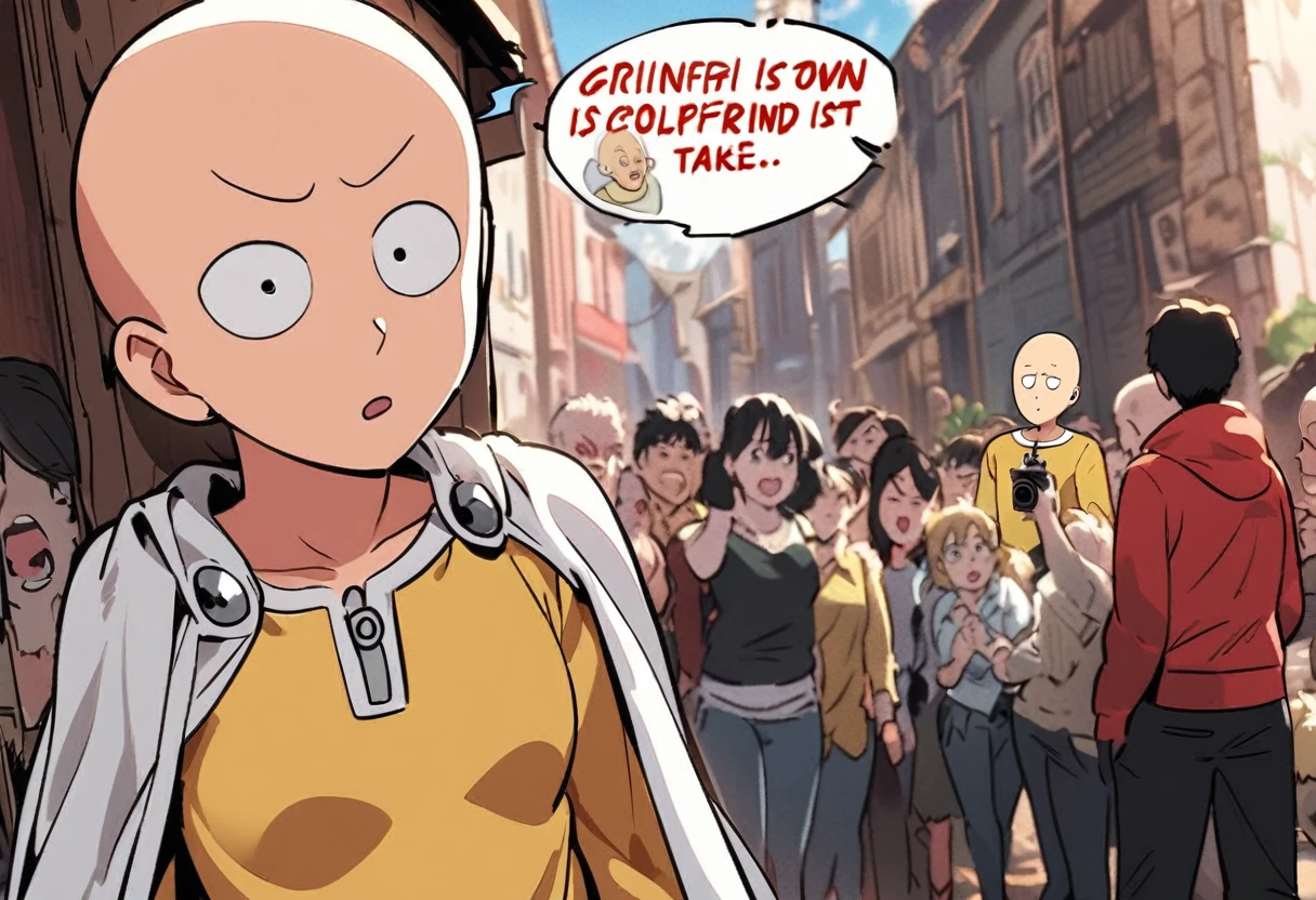 Saitama, one punch man, looks confused. A cute woman has declared she is his girlfriend and is posing for couples photos and asking the crowd to take picture, set in a wrecked part of town post fight (comedy)
