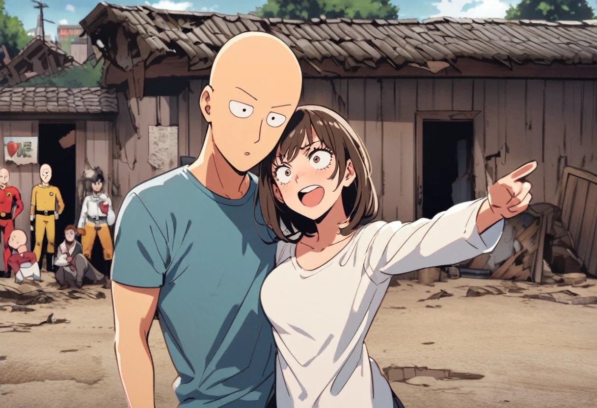 Saitama, one punch man, looks confused. A cute woman has declared she is his girlfriend and is posing for couples photos and asking the crowd to take picture, set in a wrecked part of town post fight (comedy)