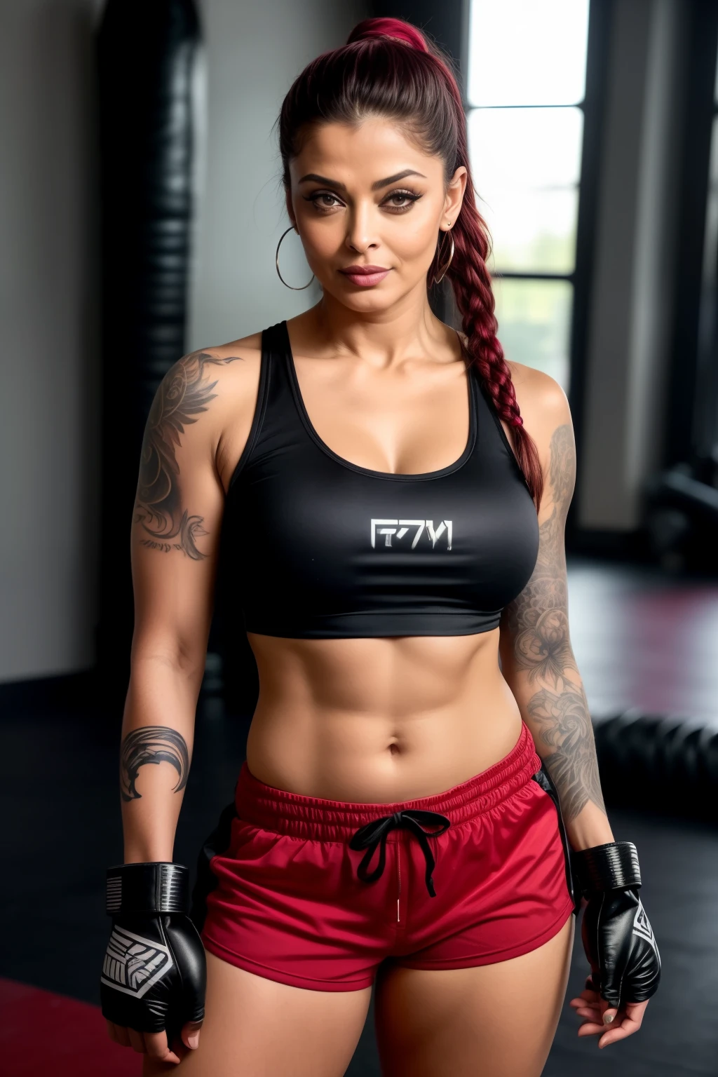 Full body photo of SEXY 50YO MATURE MILF AISHWARYA RAI as SEXY MMA FIGHTER, ((smirking face)), black gym shorts, tank top, braided red ponytail hair, ((navel piercing and body tattooed)), (((seductive posing in MMA ring))), FIGHT CLUB NIGHT scene, healthy mature hourglass figure, breasts with slight cleavage, look straight at camera, sexy 50 yo mature MILF, soft volumetric lights, intricate details, (ArtStation:1.2)