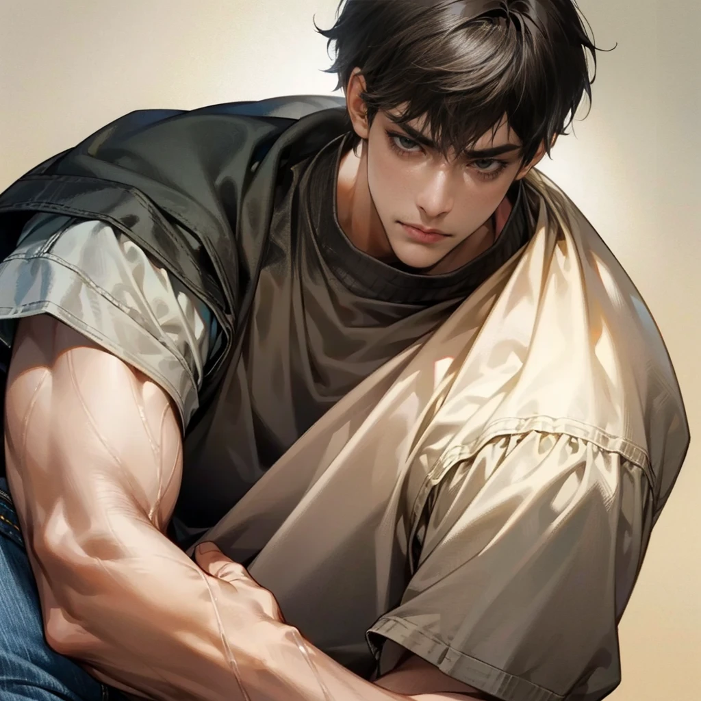 1boy, upper body, black shaggy hair, talland strong,muscular,personification,brown eyes, dark sweatshirt, alongside jeans, soft light, 8K, masterpiece, looking at viewer,pixiv,