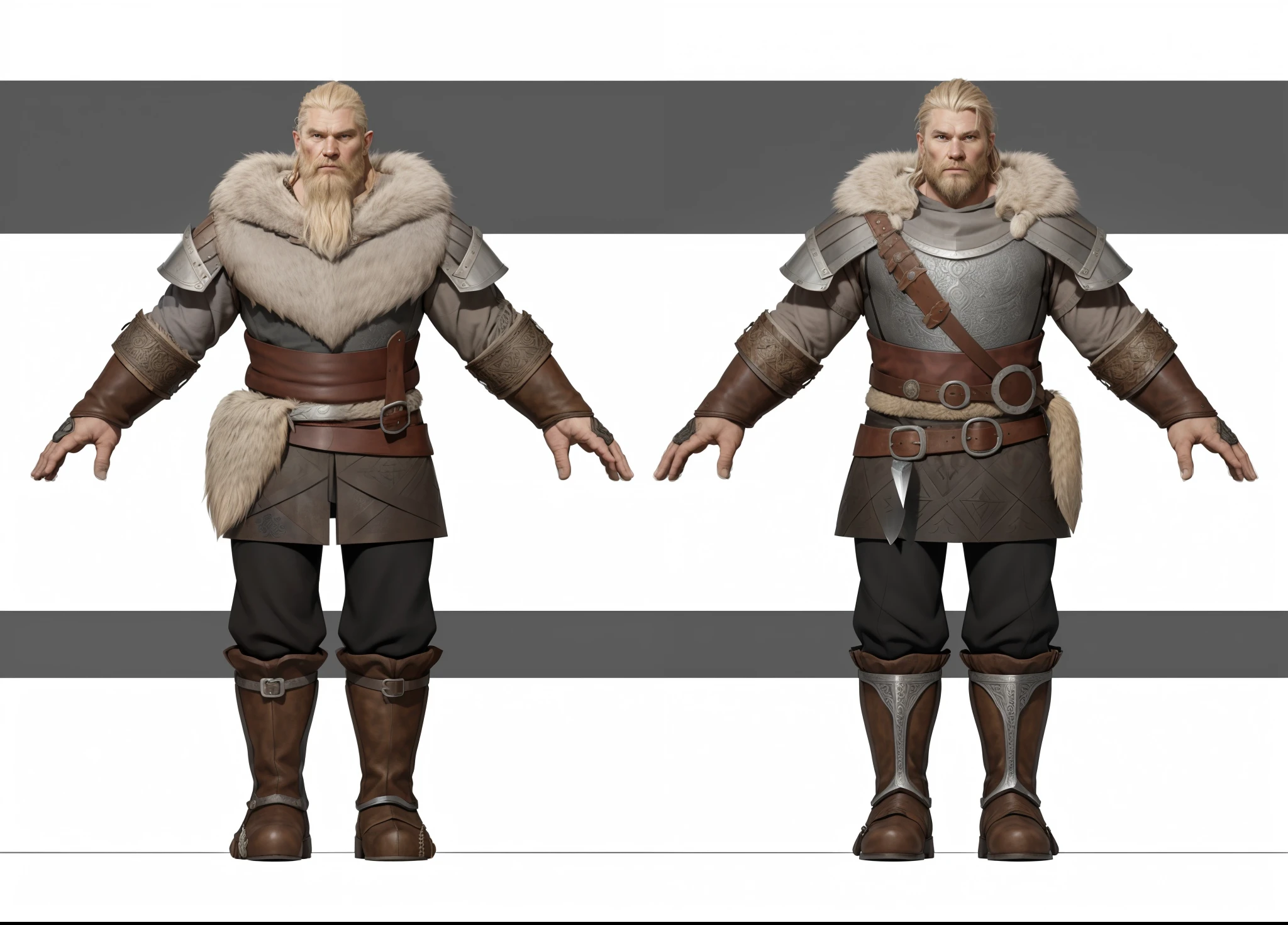 ( Realistic:1.33),(masterpiece:1.1),(highest quality:1.1),(HDR:1) a close up of a Tall Viking man with gambeson fur coat , detailed body armor, old Cuirass engraved steel, intricate designs on the Cuirass, intricate Cuirass, full body concept, detailed full body concept, old man Viking with a long braid, Viking style, Viking protective, Portrait of a Viking, Viking warrior, Viking culture, Nordic warrior, Viking costume, Ancient Viking warrior, Elven blond warrior, Epic Viking king , wearing Viking clothing, male Viking, with Machado, Nordic inspiration, Viking and Templar aesthetics, full body character concept,costume concept design, full body details, detailed full body concept art, full character body, character model sheet turnaround, fullbody shot turnaround, concept character sheet, full body concept art, reference model sheet , full body concept art, RPG style character, game character design, 3d character reference sheet, video game character concept, detailed character design, character sheet, [ character model sheet turnaround ], front and back, ((front and back)), grey clean background, 3D character, leather belt, leather, leather armband, black leather boots with silver engraved, ((gambeson cloth)) , (viking warrior), ((barbarian)),(((wide chest)), black shirt and trousers, leather shoulder armor, ((leather body cuirass)), ((gambeson cloth)), ((detailed leather glove)), (((knife bag on chest belt)))