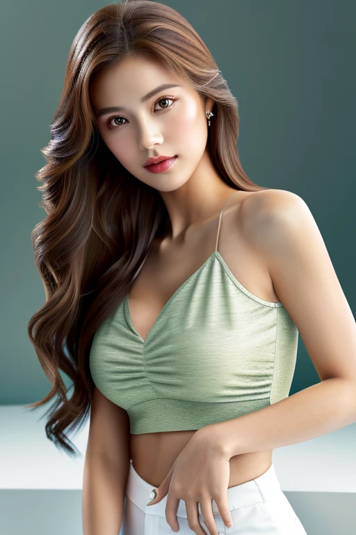 ((highest quality)), ((masterpiece)), (detailed), whole body、wallpaper、Attention to detail、Perfect Face、Perfect body、Perfect proportions、Narrow waist、Light brown hair、Beautiful Skin、Beautiful white skin、Half Russian and half Korean、アジアBeauty、Japanese 、(masterpiece:1.3), (8k, Photorealistic, Raw photo, Best image quality: 1.4), (Rough long hairstyle:1.2)、Cleavage:1.4、Beauty、Beauty、Wearing a tank top