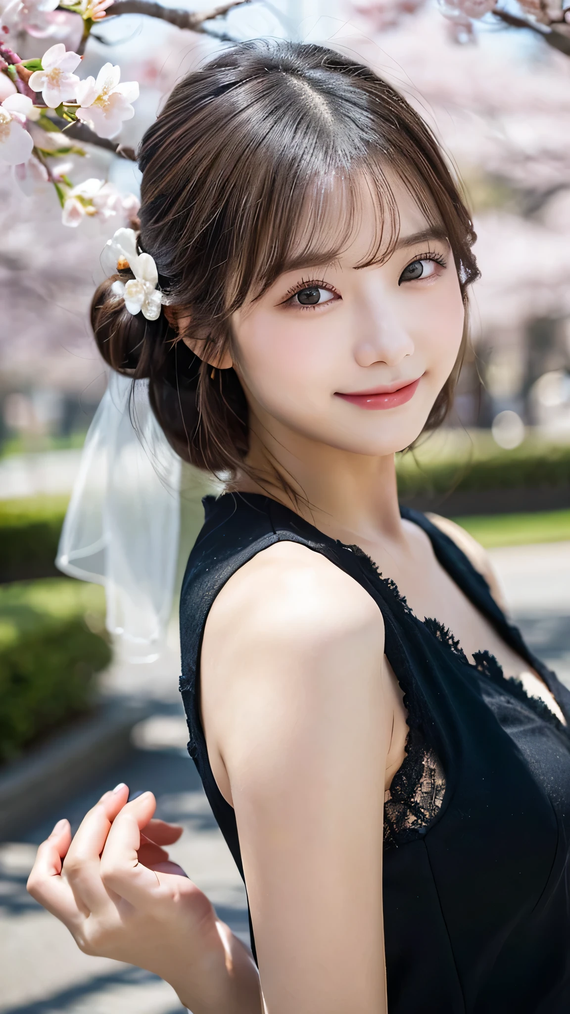 （(Black lace dress)）、((bride hair ornament))、Blurred cherry blossom branches in the foreground、randome pose、(top-quality,​masterpiece:1.3,超A high resolution,),(ultra-detailliert,Caustics),(Photorealsitic:1.4,RAW shooting,)Ultra-realistic capture,A highly detailed,High resolution 16K human skin closeup、 Skin texture is natural、、The skin looks healthy with an even tone、 Use natural light and color,1 girl,japanes,23years old,kawaii,A dark-haired, short hair, (shy-smile),(depth of fields、chromatic abberation、、Wide range of lighting、Natural Shading、)、
Asakusa, Japan background、SLR、50mm,f1.8, ((bun hair))、((close_up))、((Sunlight))、(((Hands are not shown)))、(Cherry blossom trees in full bloom and petals dancing in the wind)
