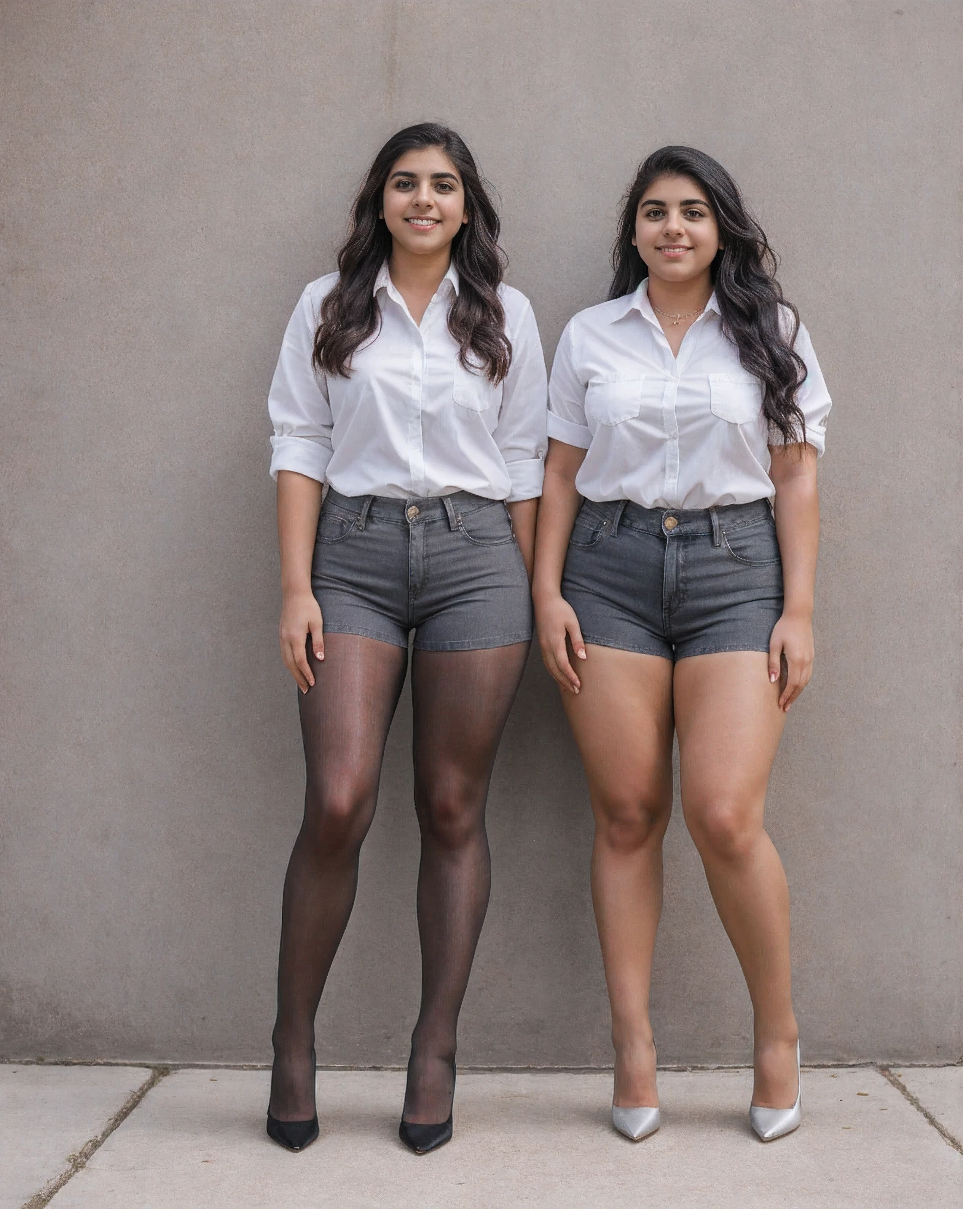 two mexican college students plain white shirt and jean shorts, Stunning proportions, gray sheer tights, grey sheer tights, best quality, fat legs, full body, high heels, massive legs towering over you, standing