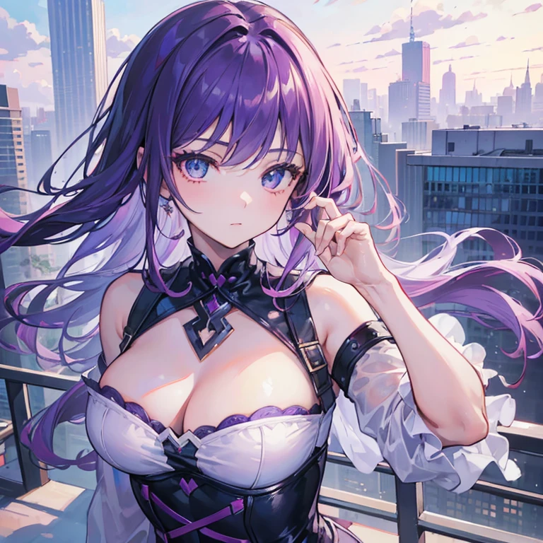 (4K, masterpiece, high resolution, high quality, best quality, illustration, (perfect hand anatomy)), 1girl, young girl, (beautiful face), (beautiful eyes), purple hair, photo of a girl stand on rooftop of skyscraper