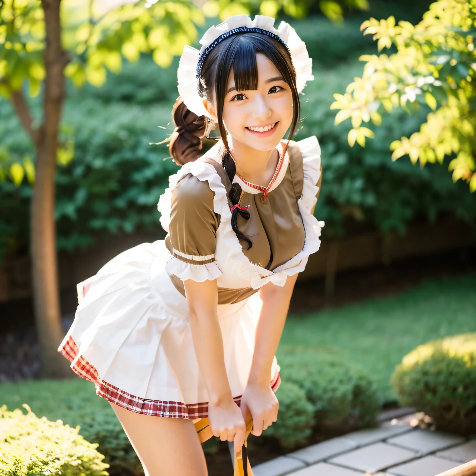 A 20-year-old maid with a cute face like an idol and a naughty personality Smiling Kindly Japanese maid cafe outfit Maid clothes mini skirt Cosplay Cleavage Medium bust garden Crouching mini skirtの中のパンツを見せている mini skirtの中のパンティーを見せている RAW Photos Natural light Genuine Genuine Real Stick High resolution RAW Photos