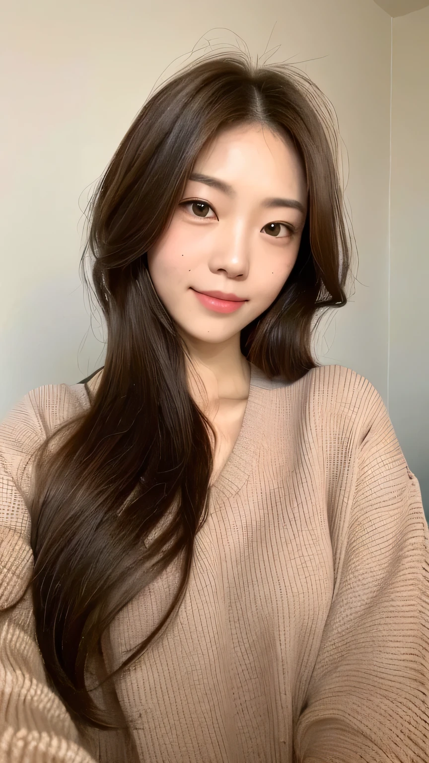 ((highest quality, 8k, masterpiece: 1.3)), 1 female, Japanese Idols,Sensual beauty: 1.3, (Hair style Brown hair Medium wave, big: 1.2), Loose nightwear: 1.1, Super slender face, Delicate eyes, double eyelid, Dimples,Mole, Home,relax,smile,Plump body,