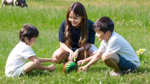 Children playing with beautiful stag beetles in the grassland、Children playing with beautiful stag beetles in the grassland、