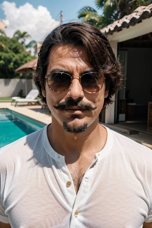 Homem bonito de 41 anos ,de bigode curto e barbicha, de terno ,close to the pool,in sunglasses ,muito realista ,16k