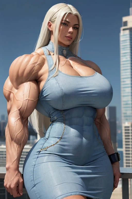 ((((Massive tall, beautiful, buff, light brown skinned muscular woman with white hair, ginormous bulky muscles and wearing a beautiful denim pencil dress)))), (close view), massive muscles, massive biceps, hyper muscle shoulders, massive muscle arms, vascular shoulders, hyper muscle triceps, (long straight hair), blue eyes, choker, on top of a sunny skyscraper in a Windy City, confidant smile, hyper vascular arm, hyper muscles arms, hyper muscle legs, (massive arms).