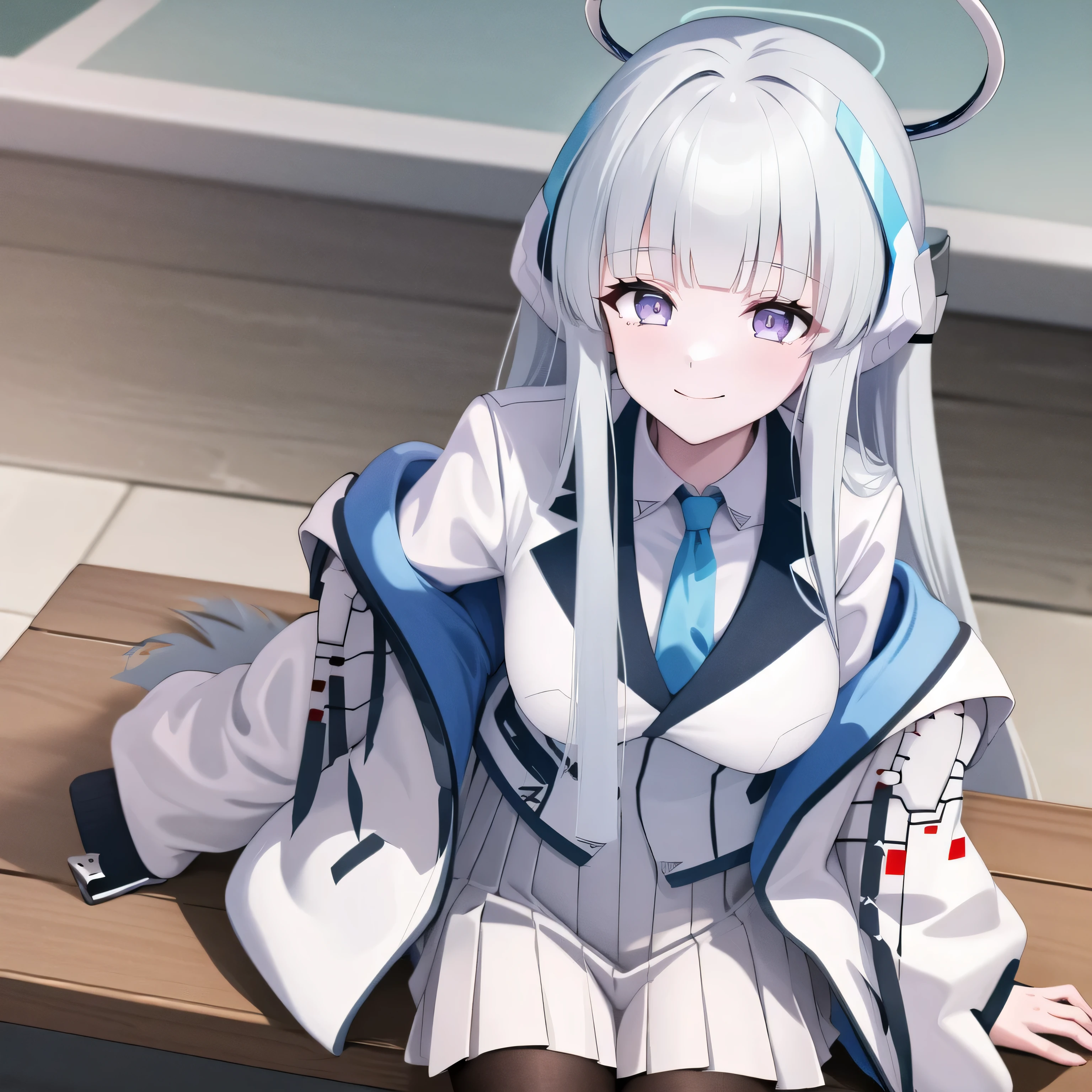 masterpiece, best quality, High resolution, Common, long hair, hat, Mechanical Halo, Large Breasts, Blue tie, White shirt, Off-shoulder, White jacket, open jacket, Long sleeve, White Skirt, Pleated Skirt, Black tights, Waved, Smile, sit, bench, outdoor